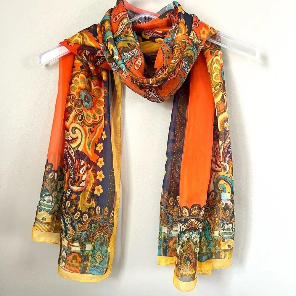 Scarf Large Multi Color Orange Yellow Layering Paisley Scarf Shawl